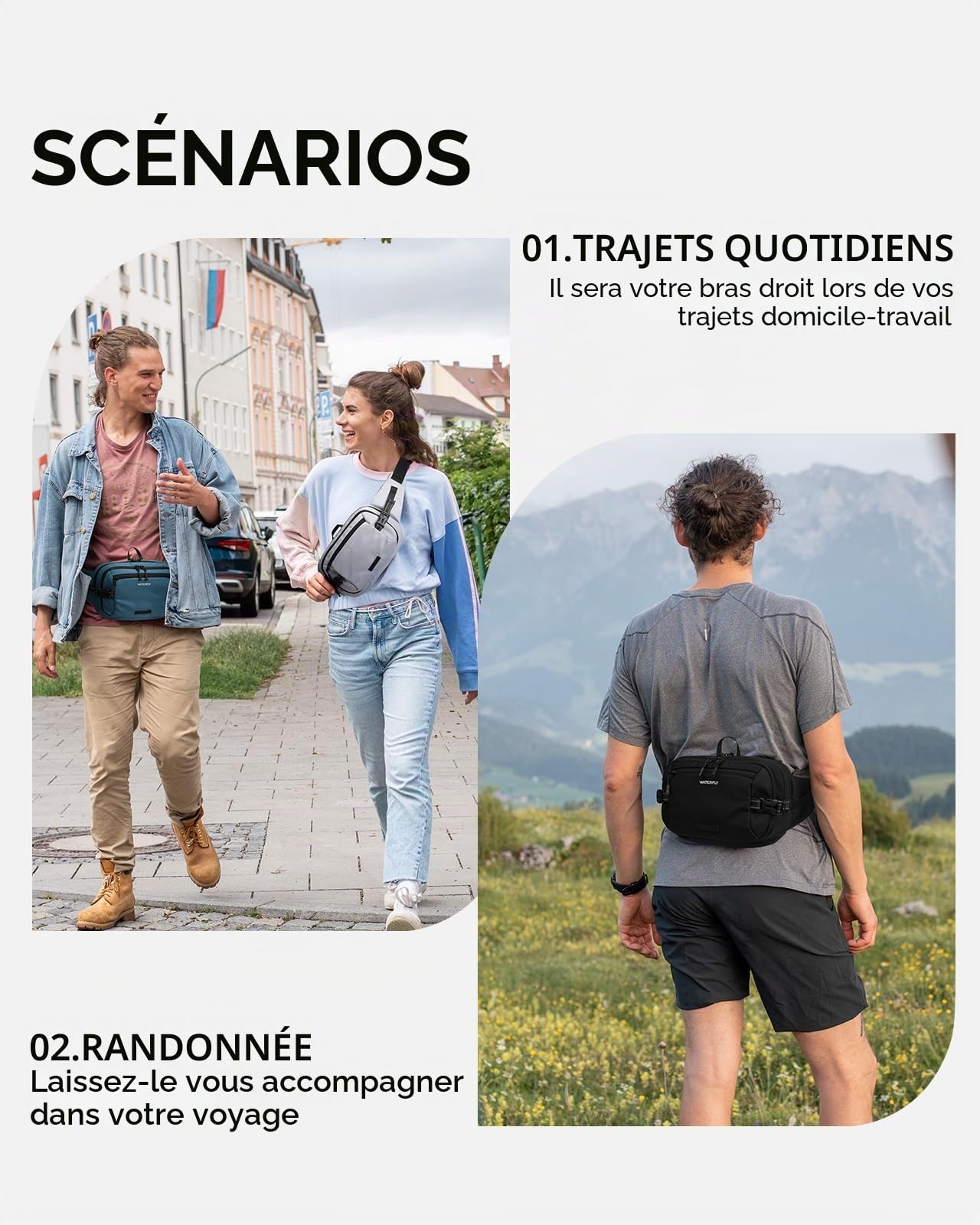 WATERFLY Sac banane : 3 L grand antivol RFID pour le voyage | Ouverture à 180 degrés, 5 poches, nylon, sangle réfléchissante, boucles réglables, randonnée quotidienne, homme et femme