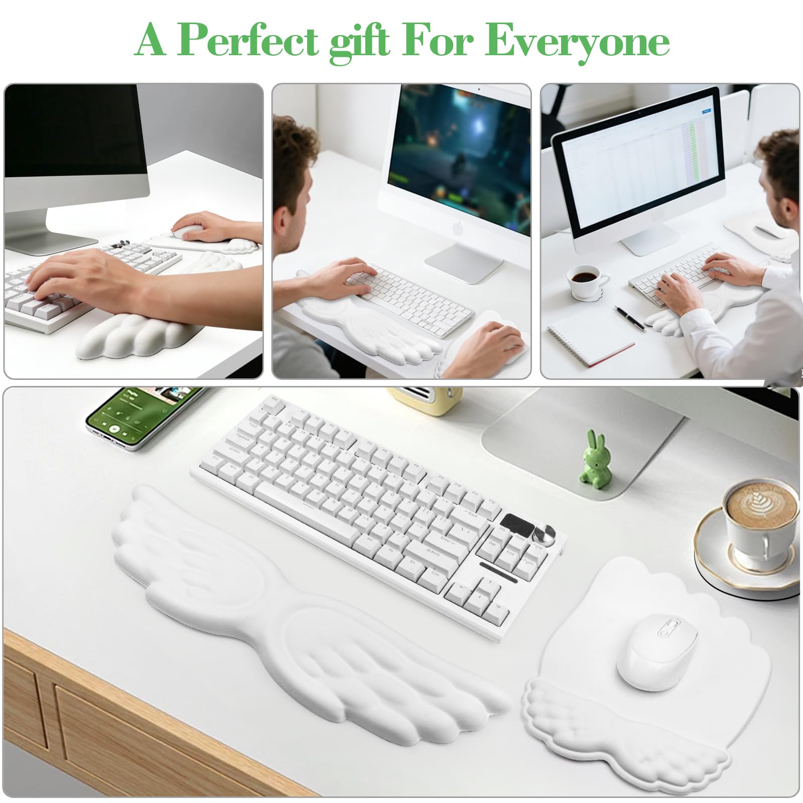 Angel Wing Handgelenkauflage-Set, ergonomische Tastatur-Maus-Handgelenkstütze, Memory-Schaum-Kissen, Handstütze, niedliche Handgelenkauflage, PU-Leder-Oberfläche, rutschfeste Unterseite für Büro