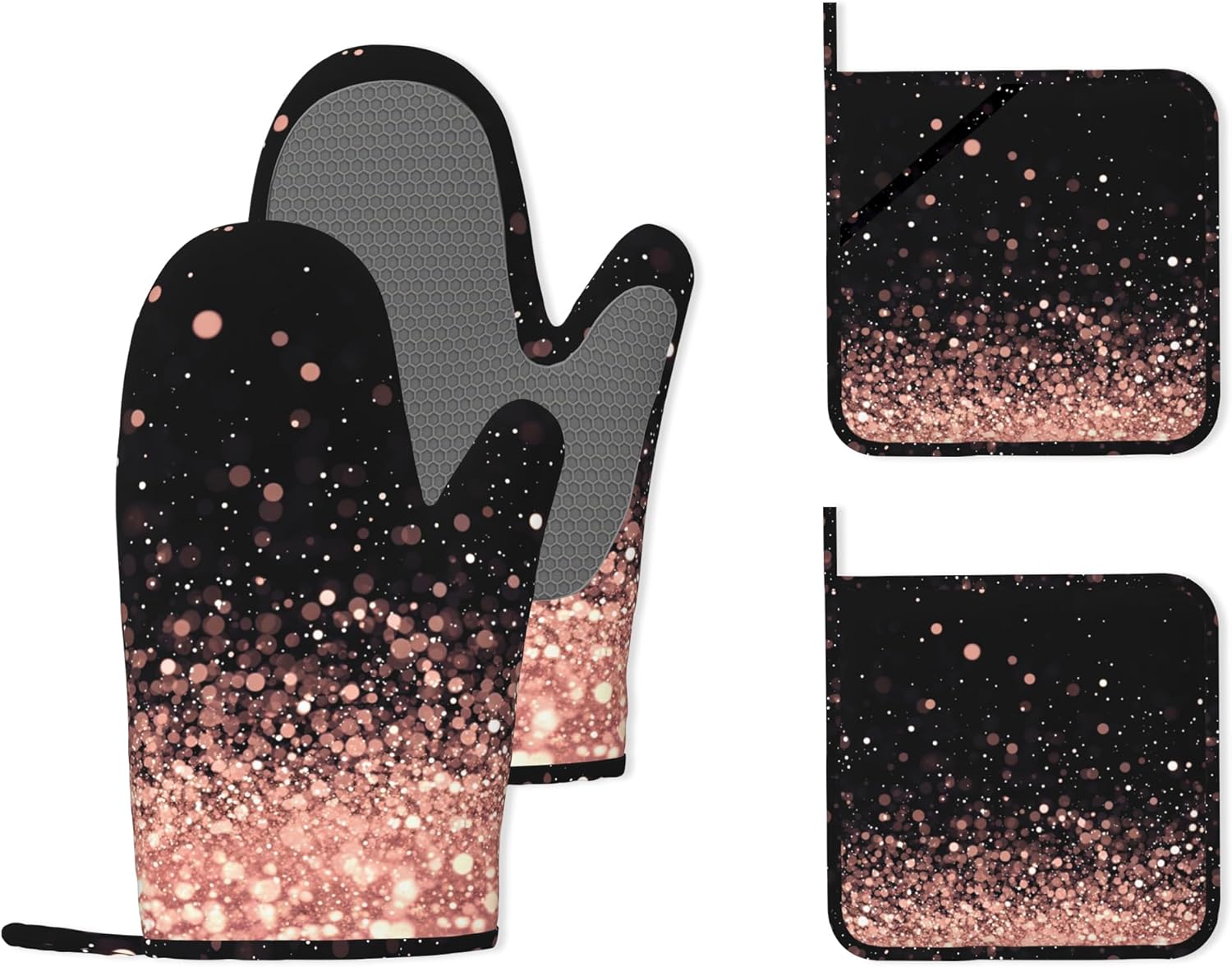 Rose Gold Glitter Silicone Oven Mitts and Pot Holders,Heat-Resistant 4 Piece Kitchen Set Non-Slip Oven Gloves and Hot Pads for Cooking, Baking, Grilling,BBQ