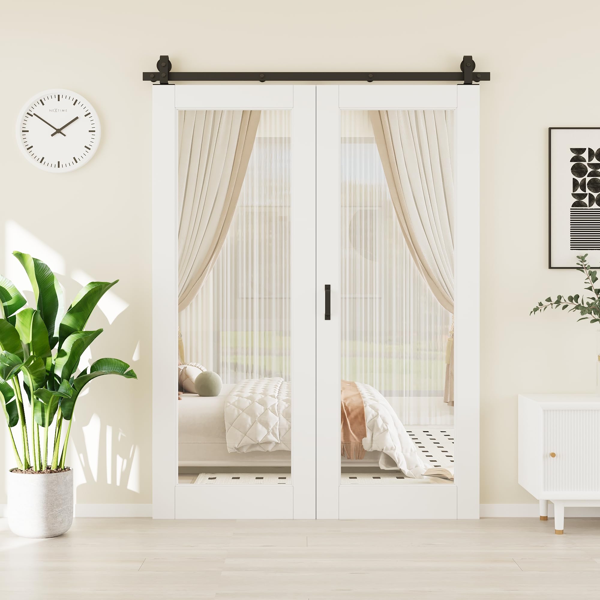 56"(28" x 2) x 80" 1-Lite Tempered Clear Glass Paintable Bifold Barn Door