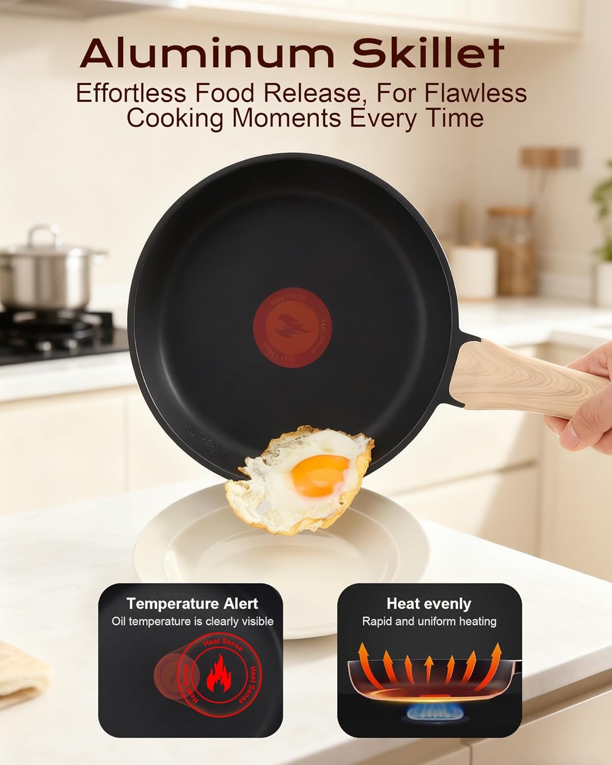 Non Stick Frying Pan, 12-inch Omelette Pan with Heat Dot Temperature Indicator, Healthy Non Toxic Egg Skillet with Heat-Resistant Handle, PFOA-Free, Dishwasher Safe, Compatible with All Cooktops