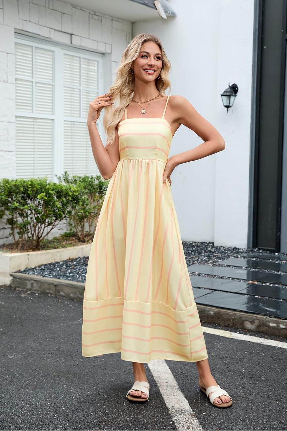 Women Striped Maxi Dress Sleeveless Backless Cutout Smocked Sundress Spaghetti Straps Boho Flowy Dresses - Image 4