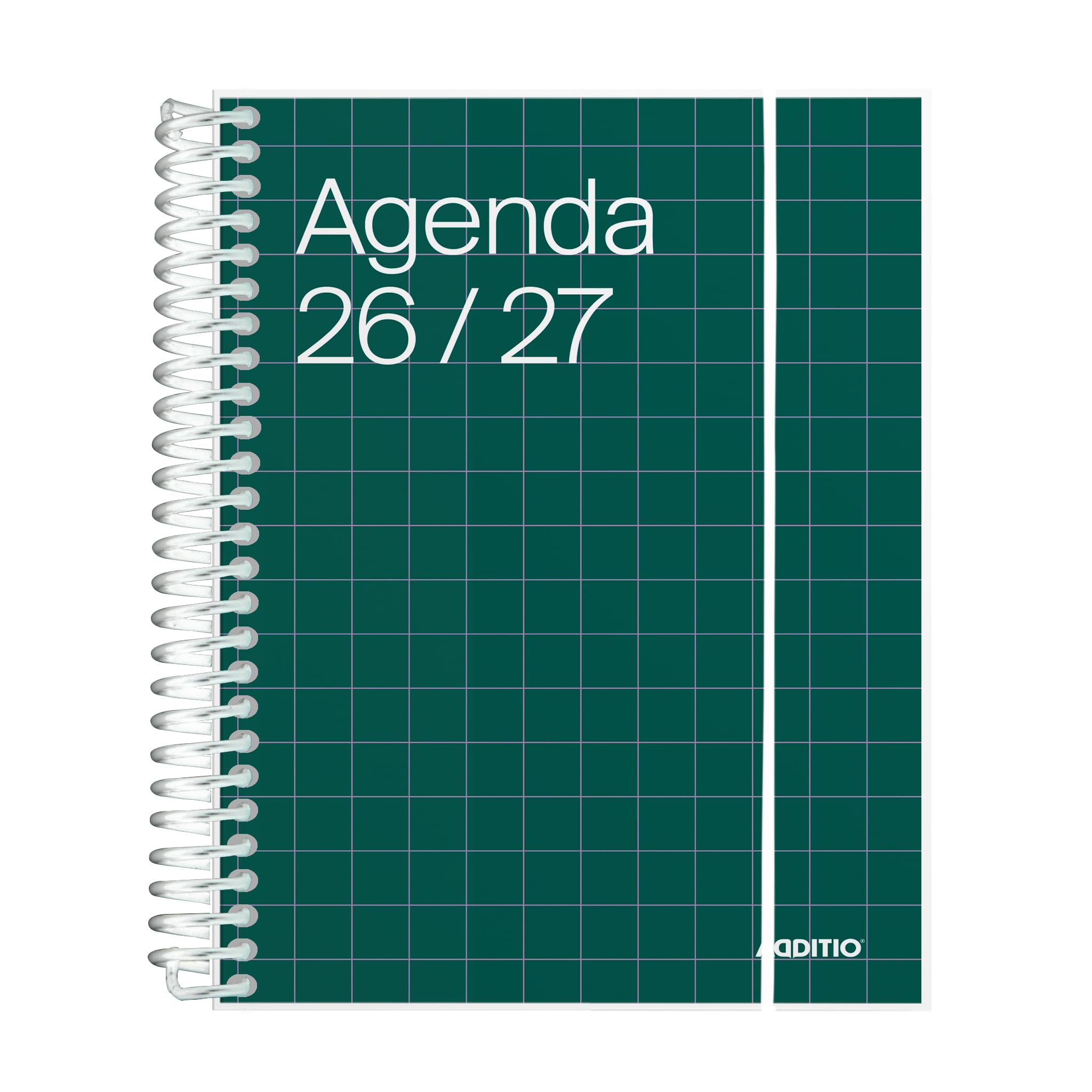ADDITIO Schülerkalender 2026-27 | Universal | Tagesansicht | September 2026 bis August 2027 | 12,5 x 17 cm | Verschluss mit Gummizug | Stifthalter | Aufkleber | Spanisch | Grün