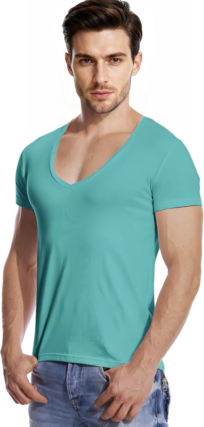 Mens Deep V Neck T-Shirts Vneck Tshirt Low Cut Undershirts Slim Fit Short Sleeve Tees - Image 5