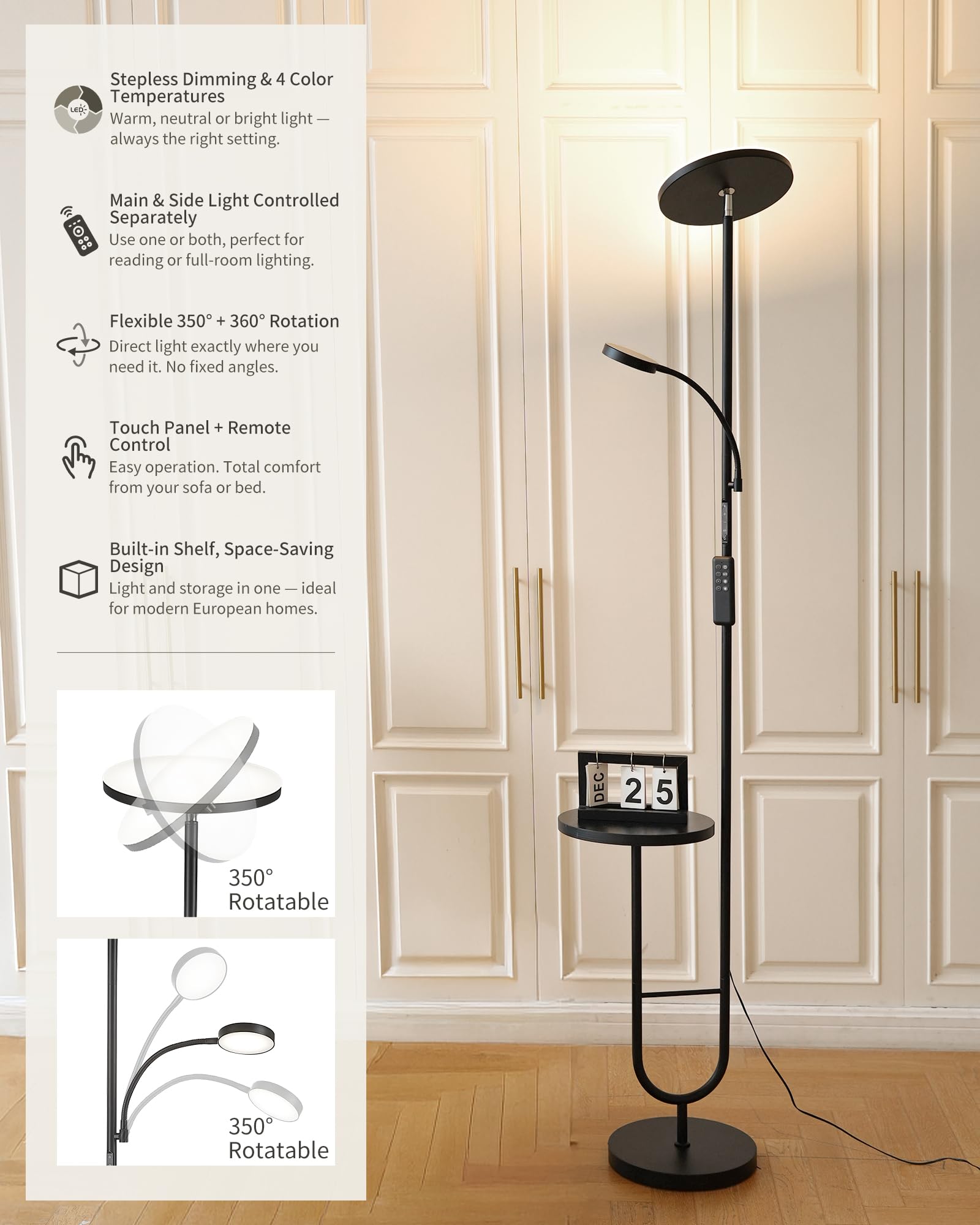 Lámpara de Pie LED con Mesa, 36W+7W Regulable 3200LM+600LM con Mando, Cabezal Giratorio 350°, 2700K-6500K, Lámpara Moderna para Salón Negra