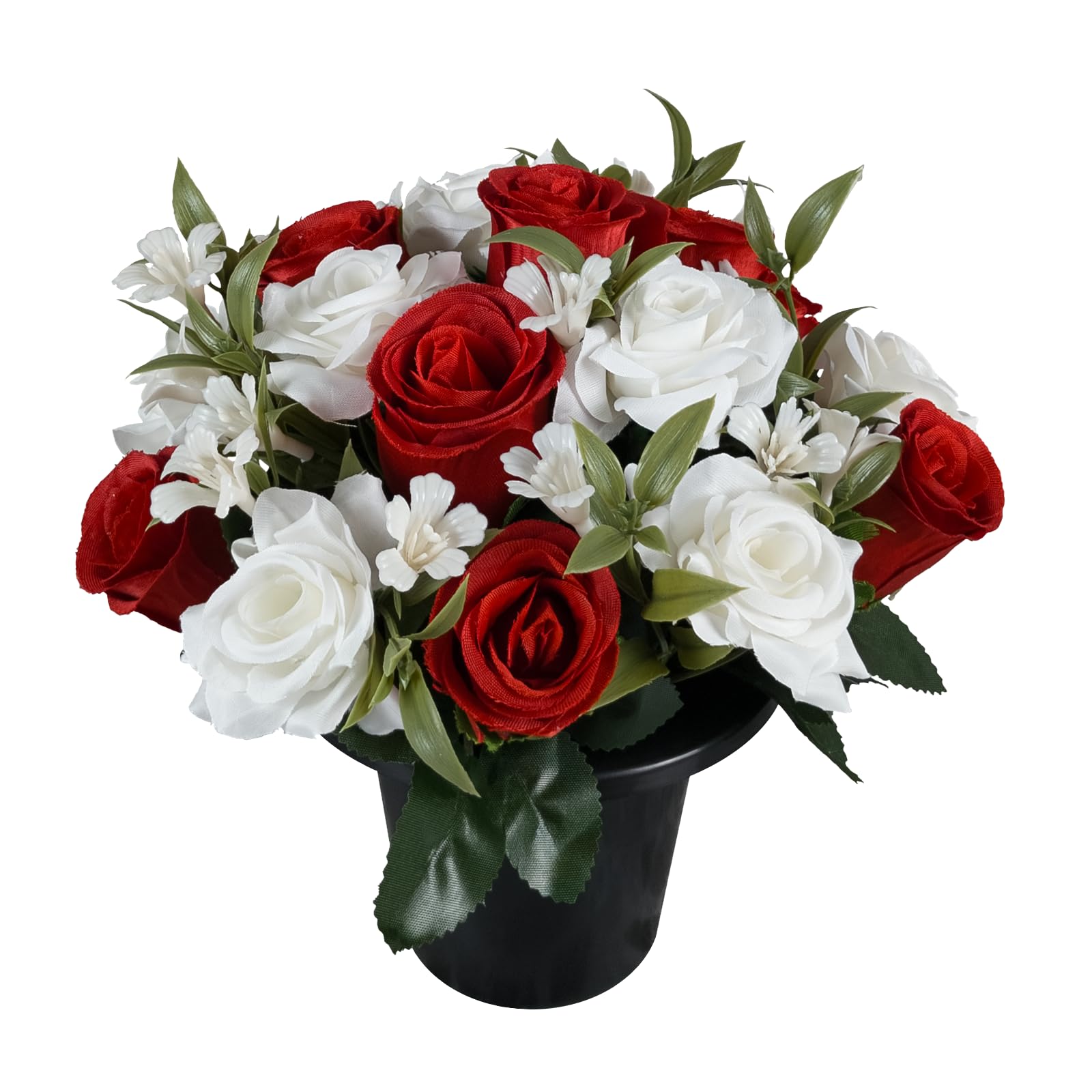 Artificial Flowers for Graves - Red Rosebud & White Open Roses in Grave Flower Pot with Plastic Gyp and Greenery, 17 Heads, Pre-Arranged Handmade Outdoor Cemetery Decoration Memorial