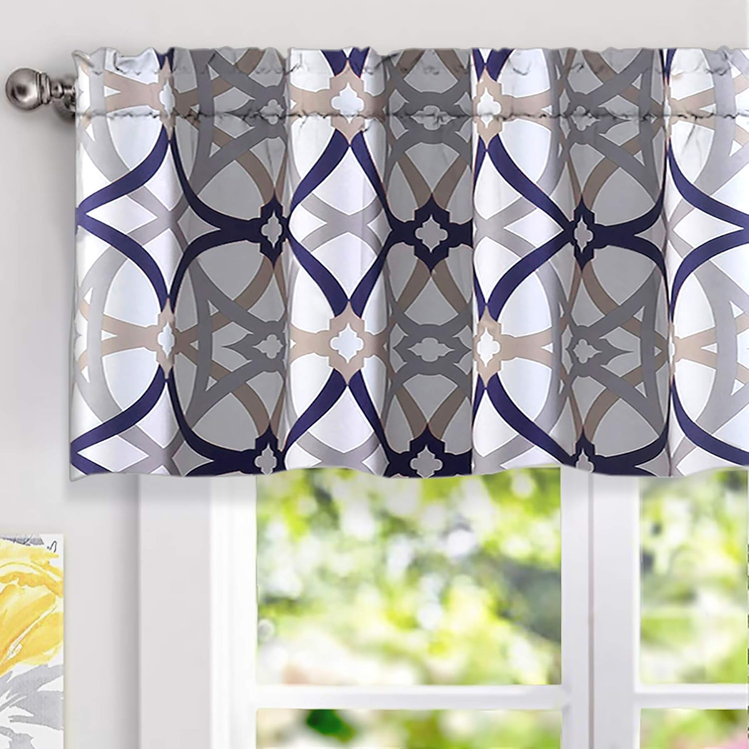 DriftAway Alexander Spiral Geo Trellis Pattern Window Curtain Valance Rod Pocket 52 Inch by 18 Inch Plus 2 Inch Header Navy and Gray 2 Pack