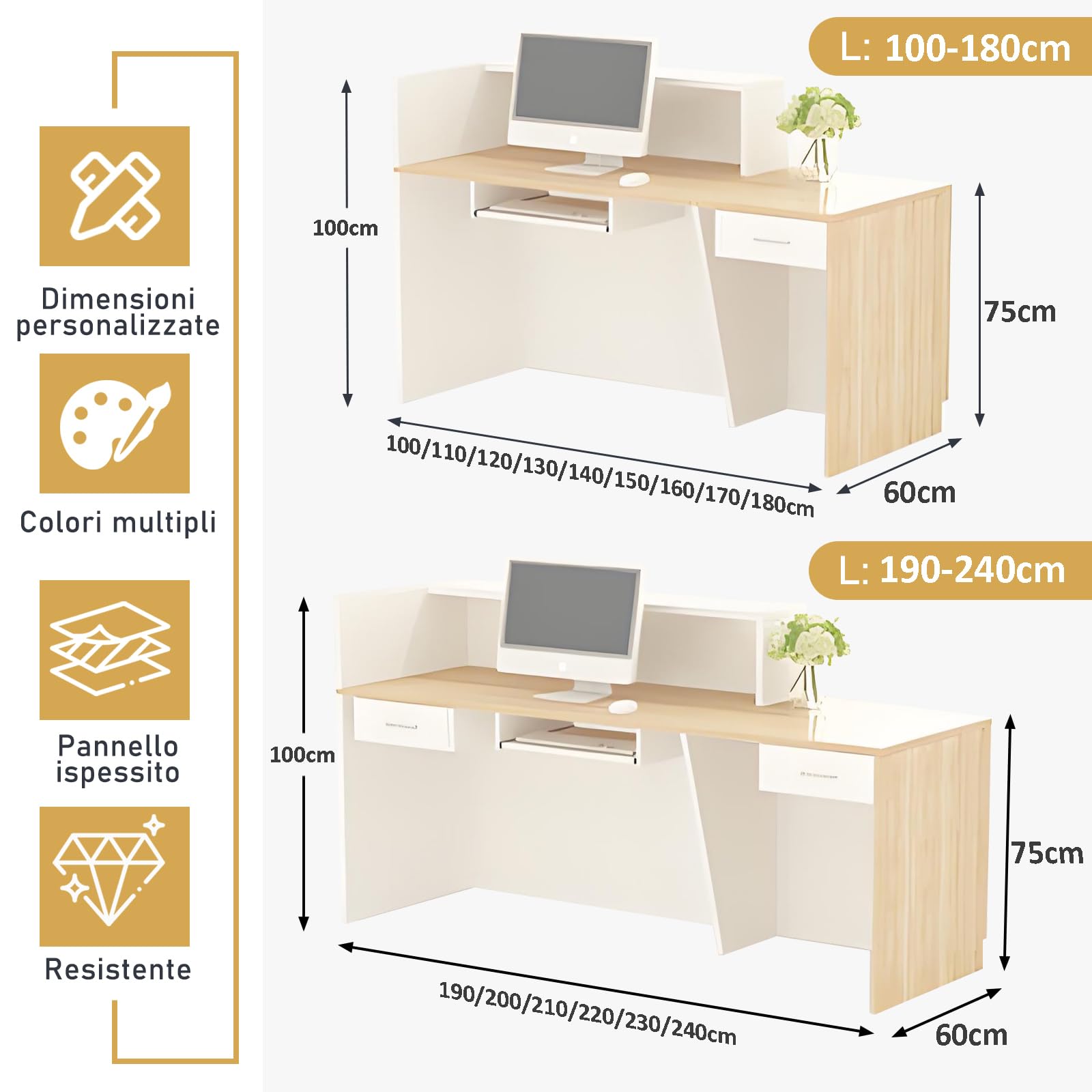 Bancone Reception, Banco Reception con Cassetto e Ripiani Aperti, Banconi Reception da 100–240 cm, Moderno per Ufficio, Adatto per Saloni, Yffici, Hall, Negozi al Ddettaglio
