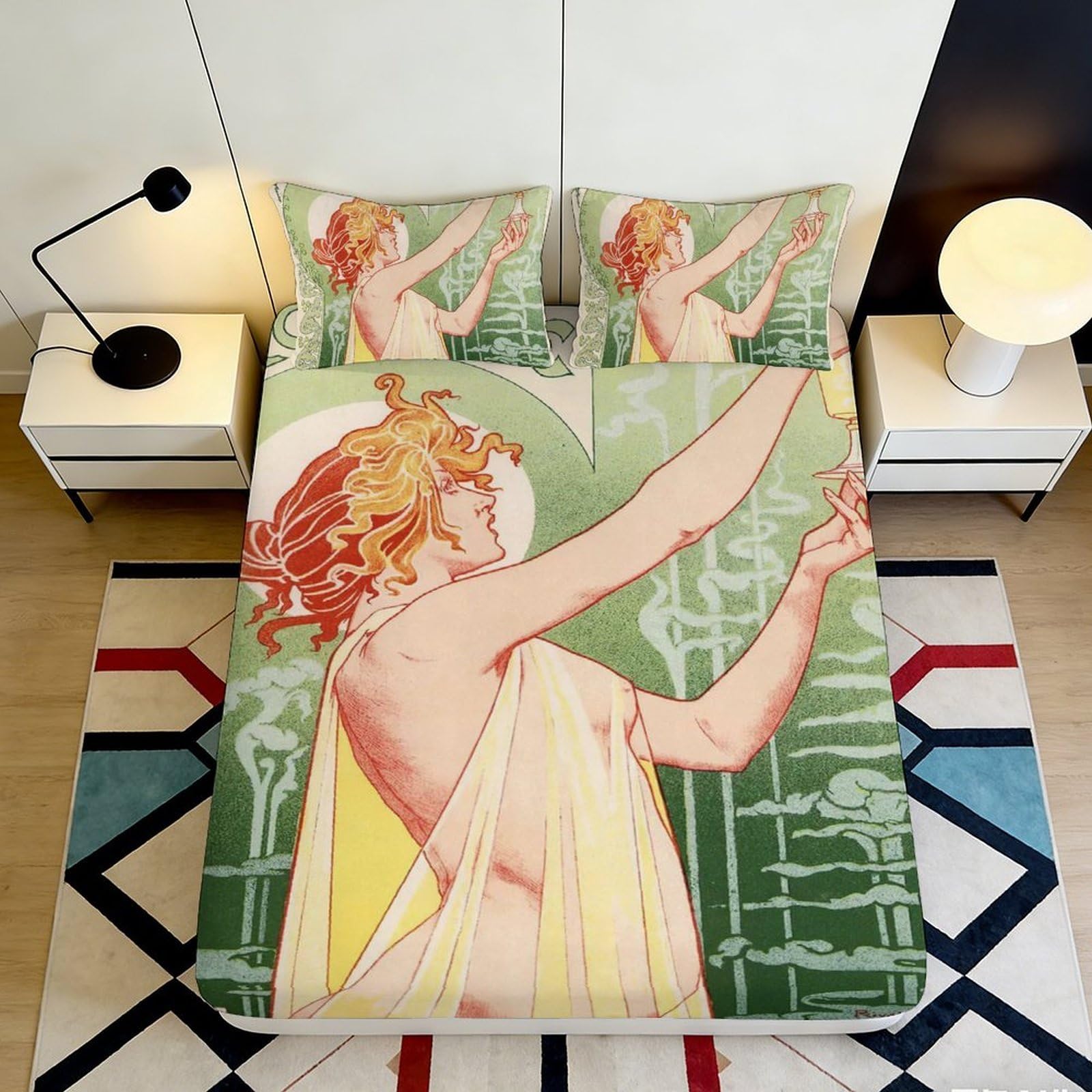 Uxinyoume Style-8 3D Printed Art Nouveau Woman Fitted Sheet Microfiber Soft Green Bedroom Decor Abstract Bed Cover For Mattress Protection 90X200x25cm