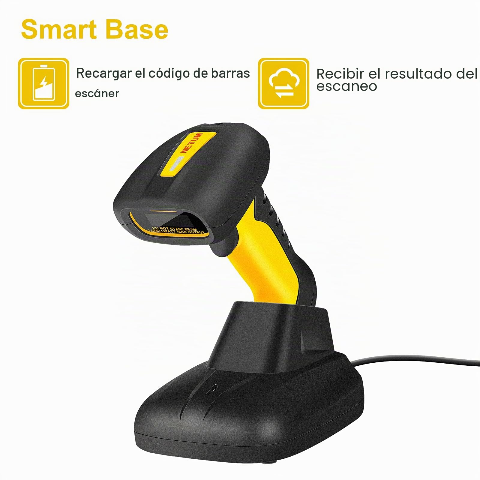 NetumScan Escáner de código de barras 2D inalámbrico, lector de código de barras resistente al agua y antimicrobiano (código de matriz de datos QR PDF17) Base de carga con receptor incorporado NS1202W