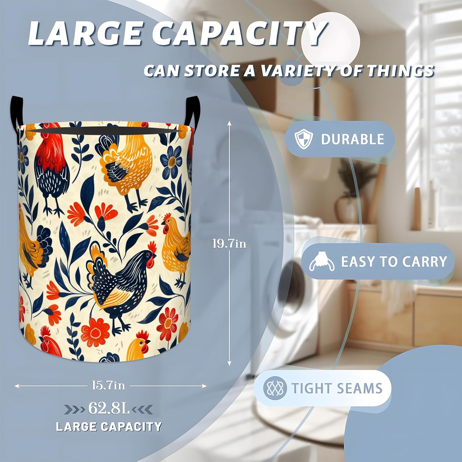 Colorful Roosters Hens Red Flowers Laundry Basket with Handles, 19.7"x15.7" Clothes Foldable Laundry Hamper Organizer for Dorm Nursery Bedroom Bathroom Decor, Toy Storage Bin for Kids