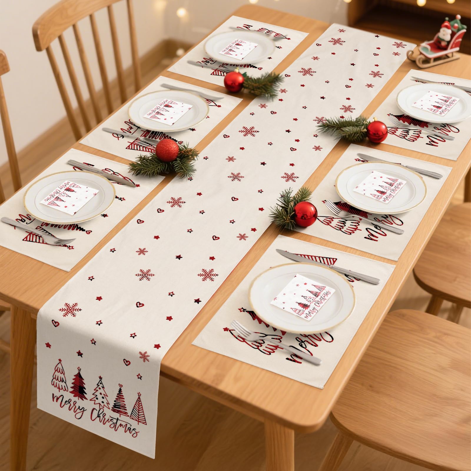 YCOLL Runner da Tavola Natalizio Beige/Rosso Invernale Impermeabile, Moderno con Tovagliette e Tovaglioli, per Decorazioni Tavola Interno Esterno, Cucina, Feste e Cena di Natale