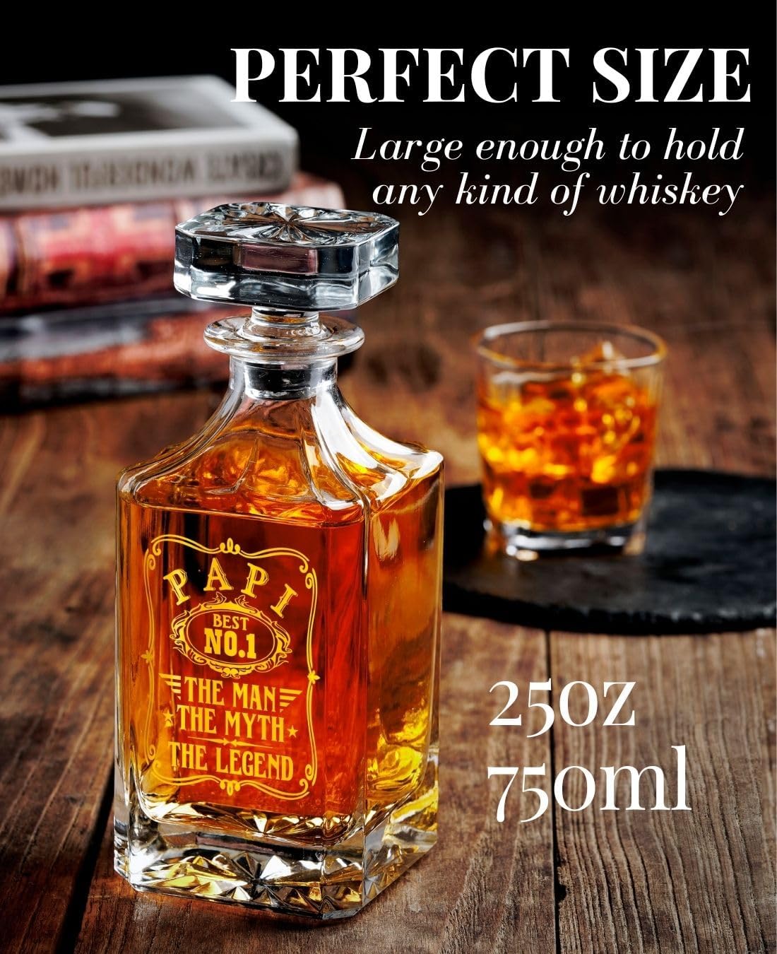 Onebttl Papi Gifts Whiskey Decanter Set, 25oz/750ml Decanter with Stopper and 2 Whiskey Glasses for Liquor, Burbon, Whiskey, Perfect for Papi for Christmas, Father's Day - Man Myth Legend