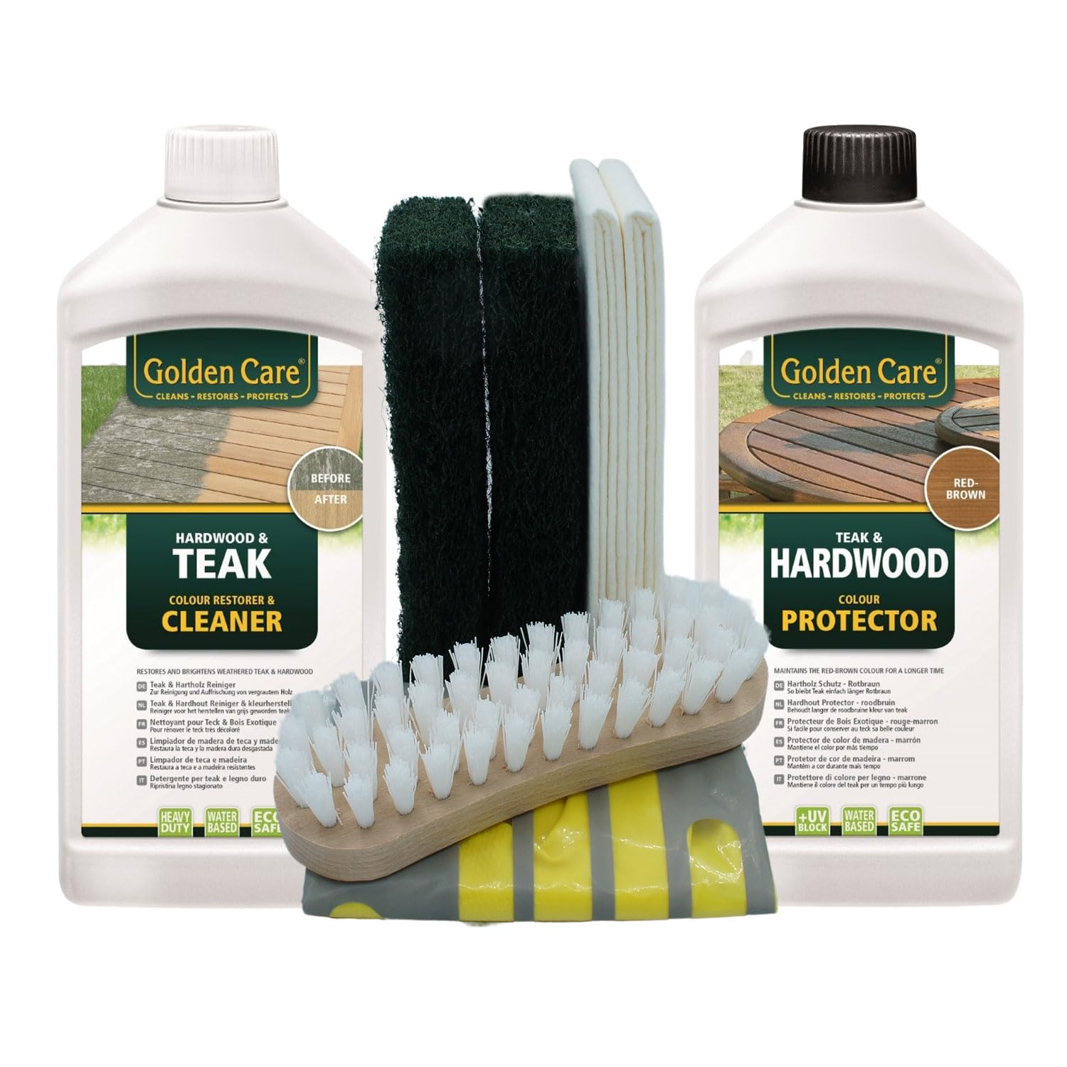 GOLDEN CARE Hardwood Protector + Cleaner Holzpflegeset 8tlg. Holz Hartholz z.B. Eukalyptus und Akazienholz Reiniger Holzschutz Holzpflege für Gartenmöbel