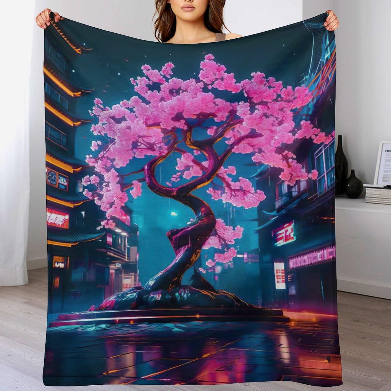 Couverture moelleuse cerise tree japan art en flannel, jeté de lit artistique haut de gamme