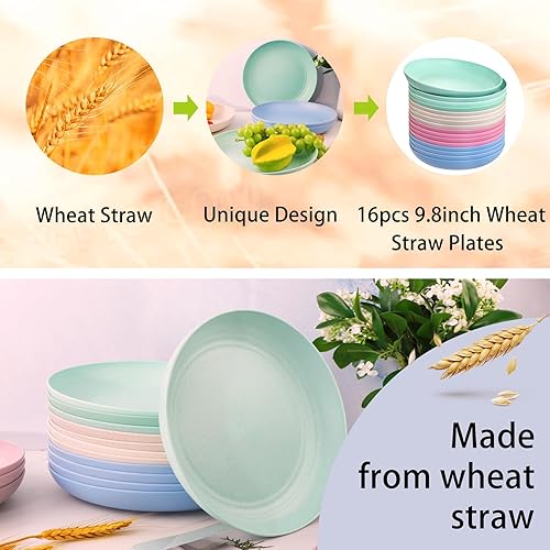 Miniatura 5 de supernal 16 platos de paja de trigo de 10 pulgadas, platos profundos para cena, platos para cena irrompibles, platos de plástico reutilizables,