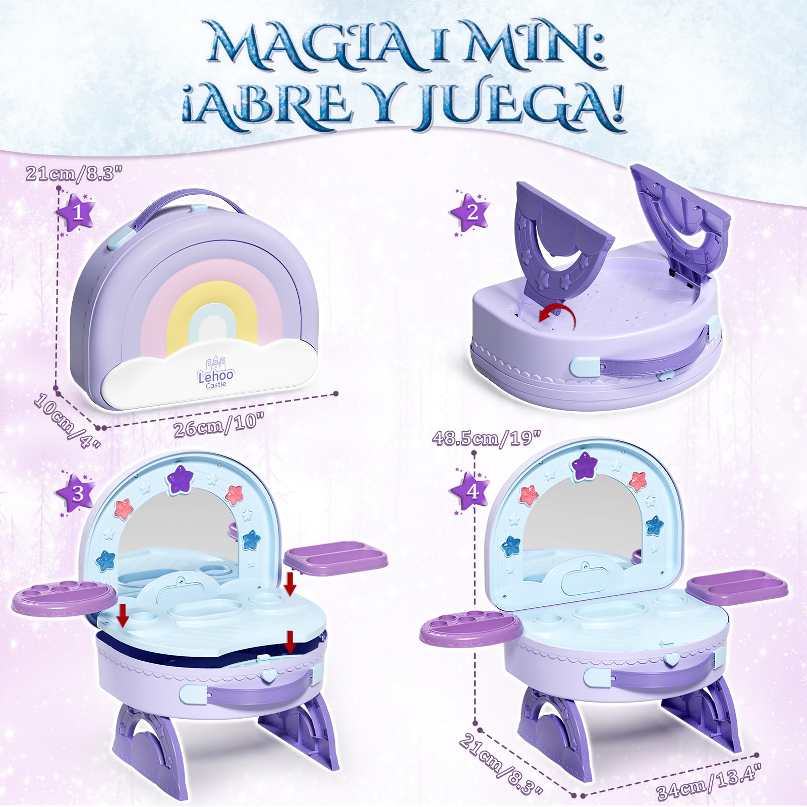 Lehoo Castle Juguete de Tocador para Niñas de 3, 4 y 5 Años, Tocador Portátil 2 en 1 con Kit de Maquillaje de Juguete, Tocador Infantil con Luces y Música, Regalo de Cumpleaños para Niñas a Partir