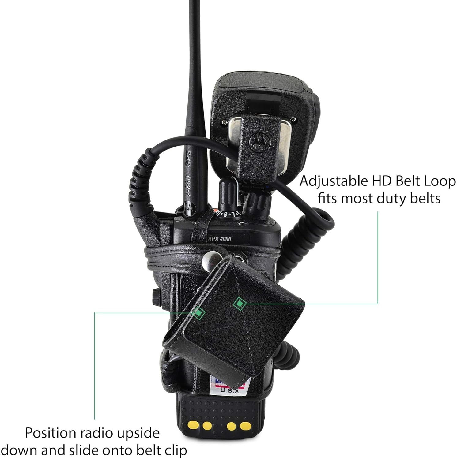Turtleback Carry Holder for Motorola APX 4000 Extended Battery Two KNOB Fire and Police Two Way Radio Belt Clip Holster Case Black Leather Heavy Duty Rotating Ratcheting 2.25" Belt Loop