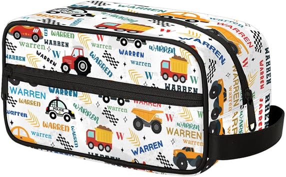 Personalized Boys Car Travel Toiletry-Bag with Name, Custom Waterproof Hanging Wash-Bag for Kids, Large Capacity Shaving Bag for Sports, Shower