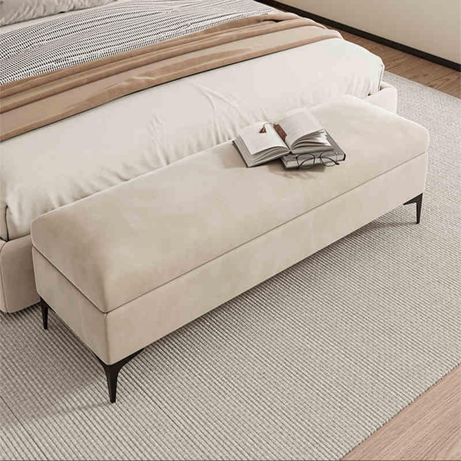 Banc de rangement en velours kaki haut de gamme avec pieds en métal dorés