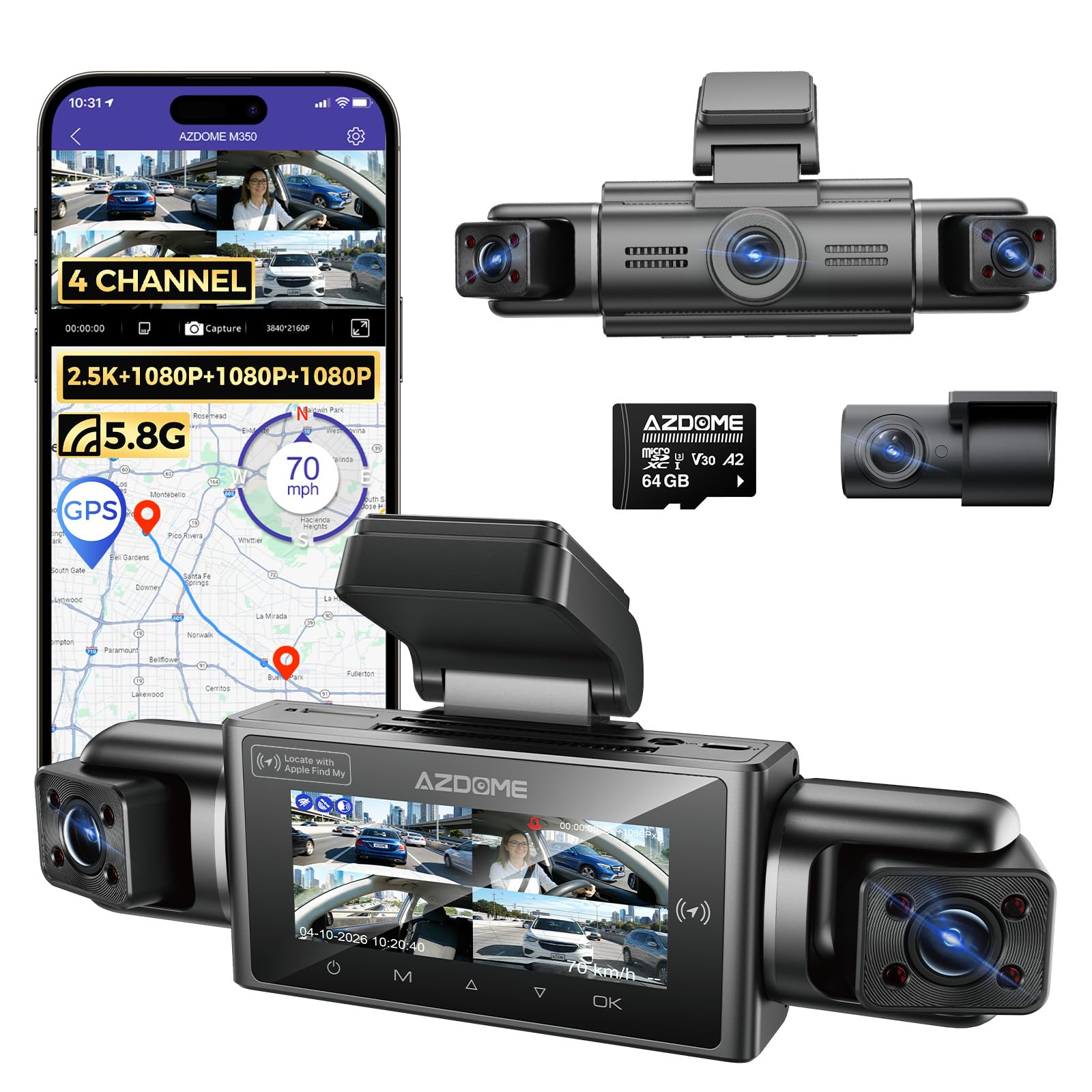 AZDOME Dashcam Auto 4 Kanal 360 Grad Dashcam mit Apple Find My (nur iOS), 5.8GHz WiFi, 64-GB-Karte, 2.5K+3 * 1080P Dashcam, IR Nachtsicht, Parkmodus, Erinnerung bei Müdigkeit am Steuer(M350)