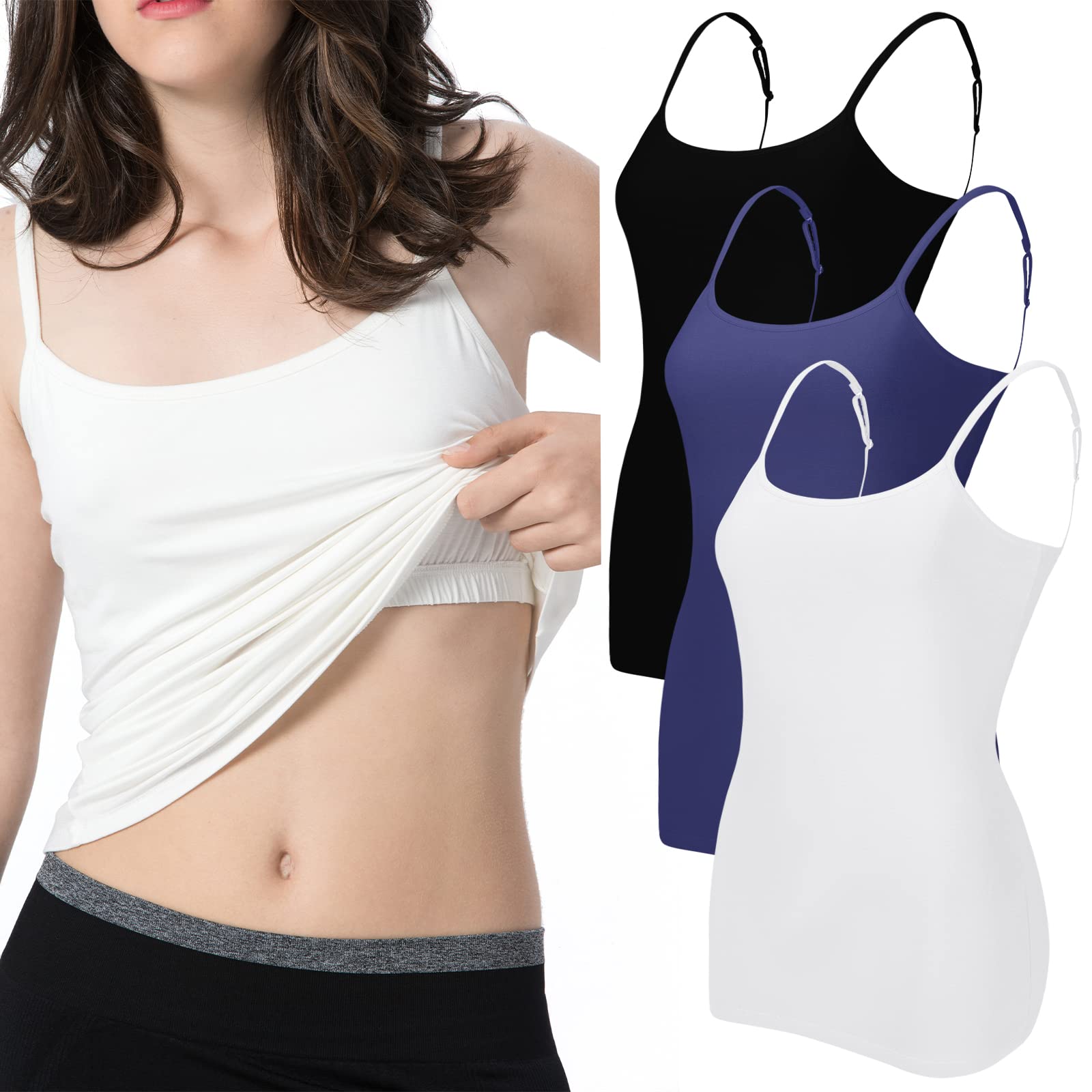 Womens Camisole with Shelf Bra Cotton Tank Top Adjustable Spaghetti Straps Cami Tops 3 Packs