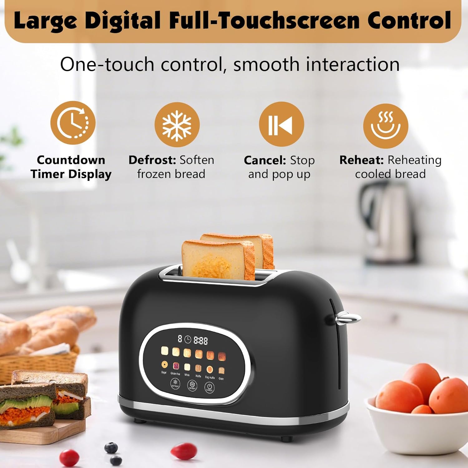 Digital 2-Slice Toaster with Touch Screen - 1.5'' Wide Slots, 6 Browning Levels, 6 Modes (Bagel/Waffle/Muffin) & 3 Functions (Defrost/Reheat/Cancel) + Countdown Timer