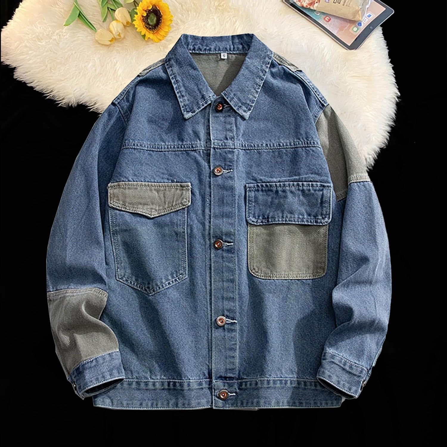 GURUNVANI Patchwork Denim Jacket Mens Oversized Jean Coat Button Down Outwear Tops
