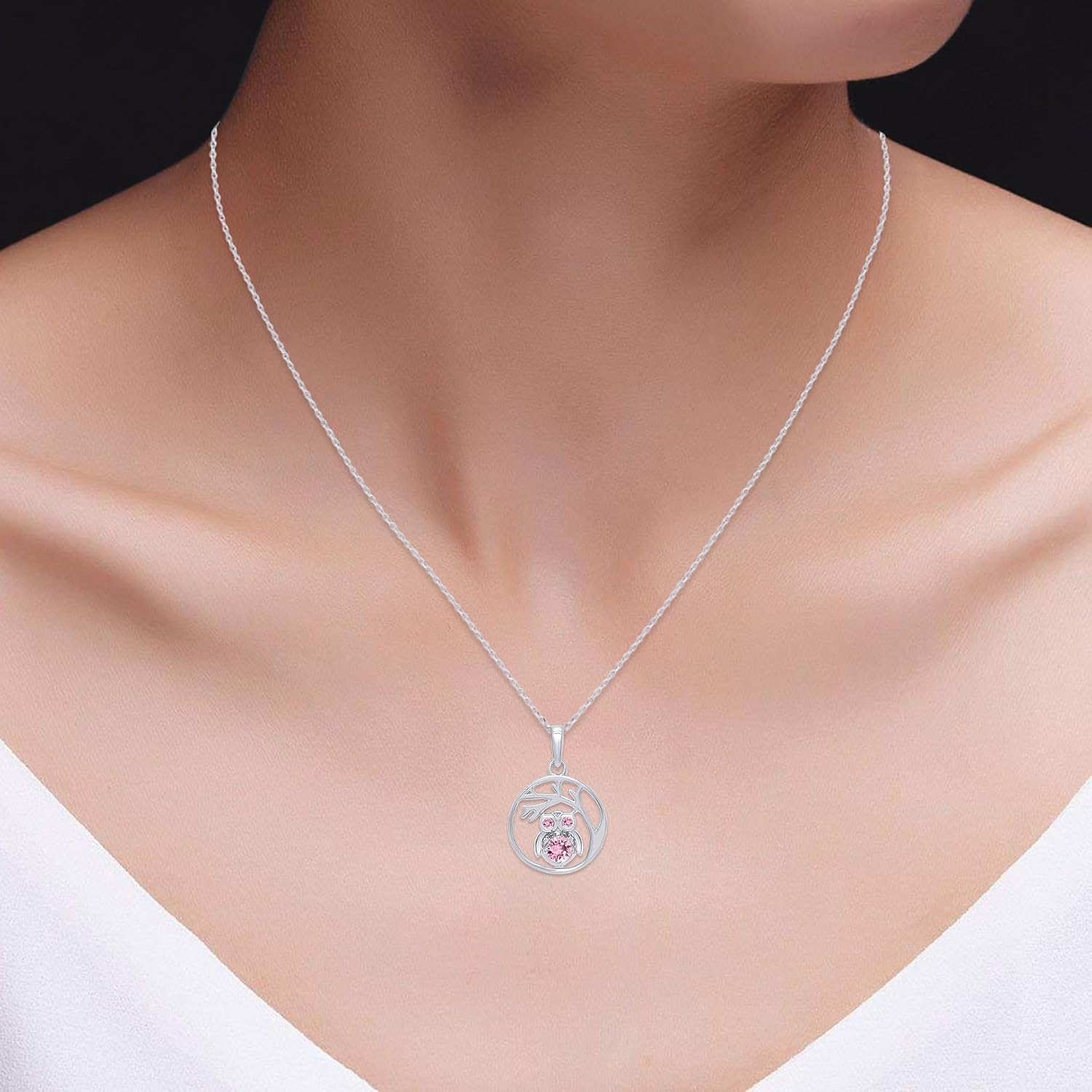 AFFY Owl Tree of Life Pendant Necklace for Women, Round Simulated Birthstone & White Diamond Accents in 14k Gold Plated 925 Sterling Silver, 18" Rope Chain - Symbolic Nature Inspired Jewelry for Her