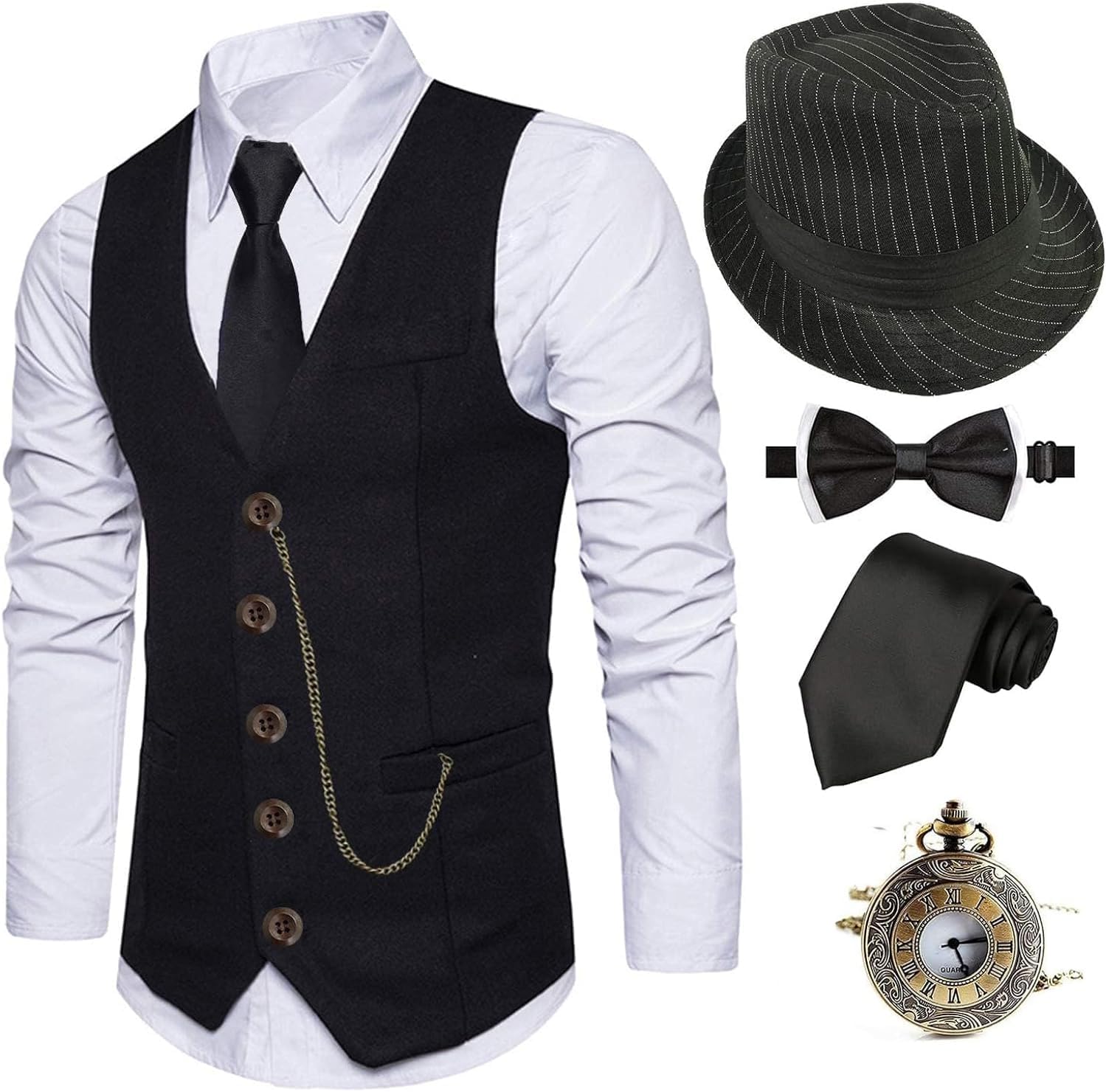 EFORLED1920s Mens Costume Fedora Hat,Gatsby Gangster Vest,Vintage Pocket Watch,Pre Tied Bow Tie,Tie