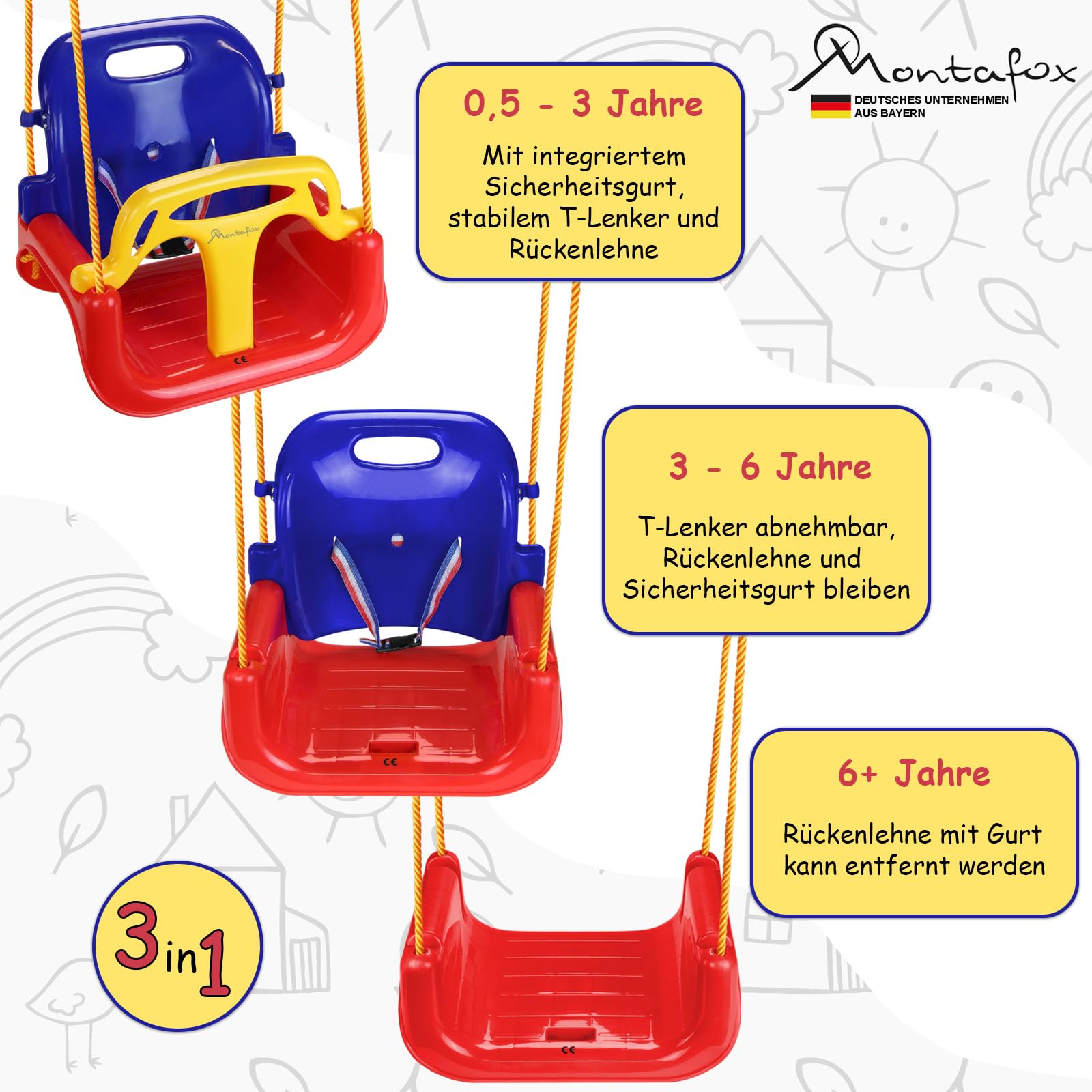 Montafox Kinderschaukel Babyschaukel 3 in 1 verstellbar mitwachsend Kinder Schaukel mit Rückenlehne Anschnallgurt, Farbe:bunt
