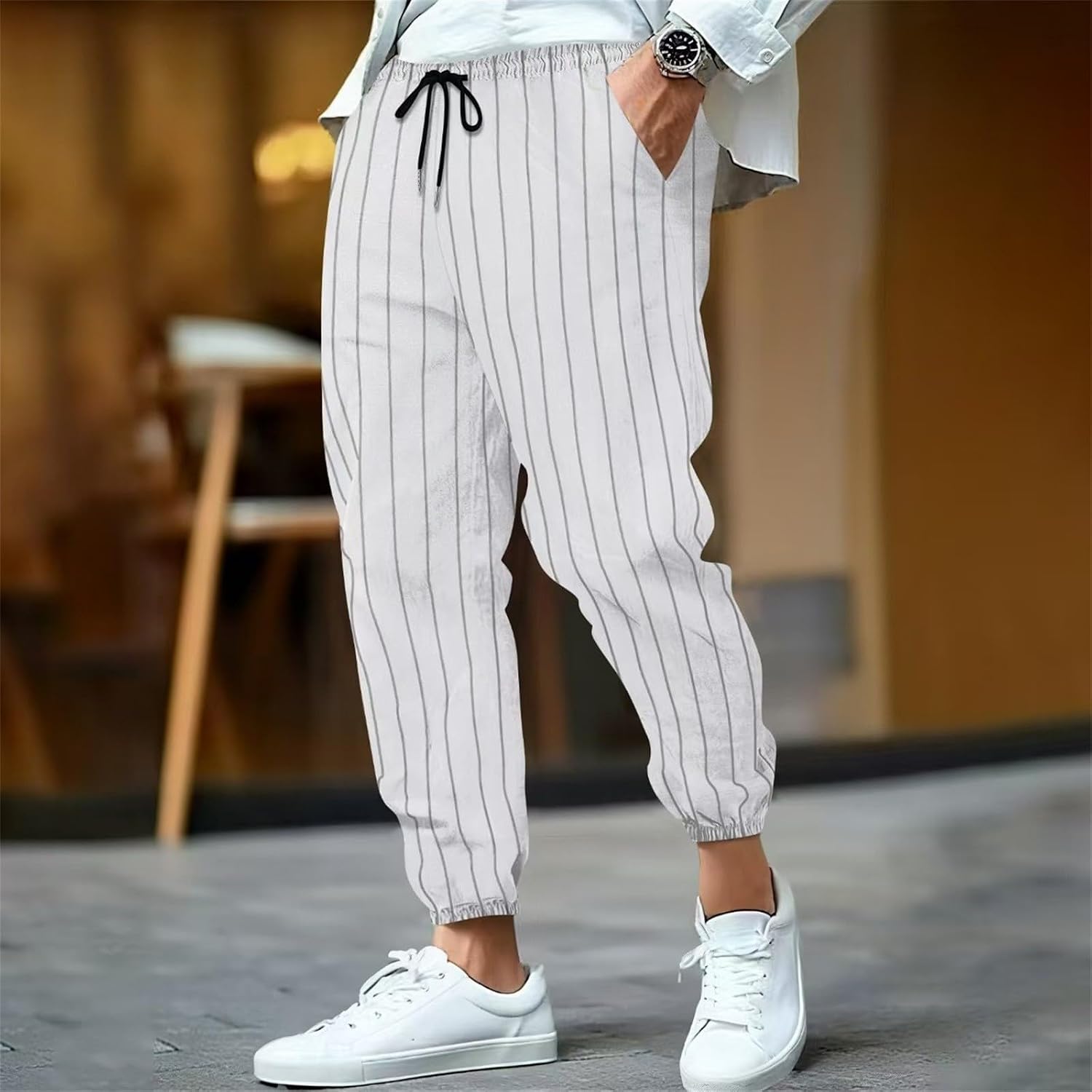 HJINGSUN Linen Pants for Men Striped Tapered Legs Lounge Pants Lightweight Breathable Comfortable Summer Beach Yoga Trousers