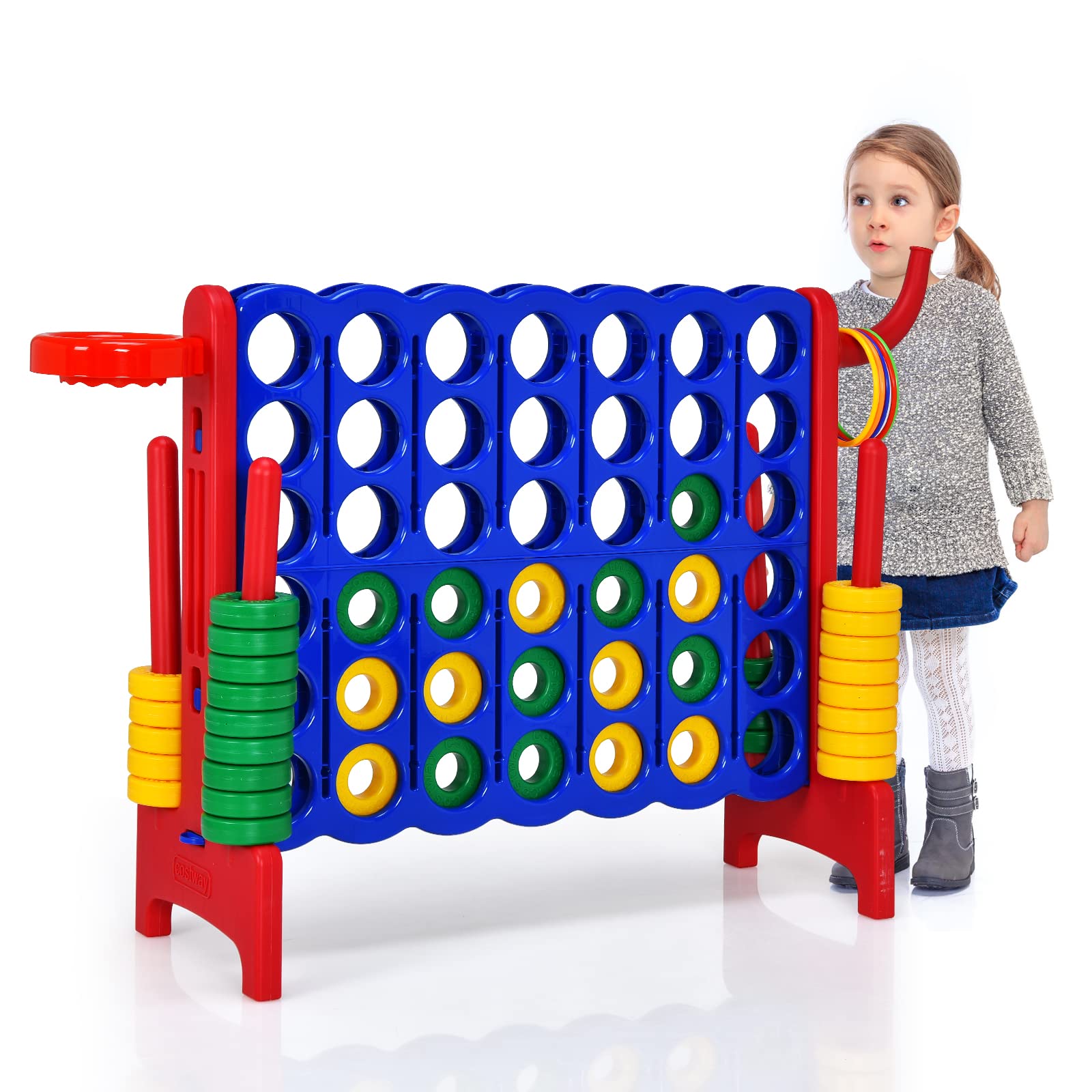 COSTWAY Conecta 4 Gigante, Mega 4 para Niños y Adultos, Juego de Exterior 74 cm con Canasta y Juego de Lanzamiento de Anillos, 42 Piezas Gigantes, Guida de Soltar Fácil (Rojo)