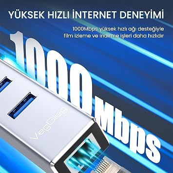 VegGieg USB ve Type-C Gigabit Ethernet Adaptörü 3 Port USB 3.0 Çoklayıcı Hub
