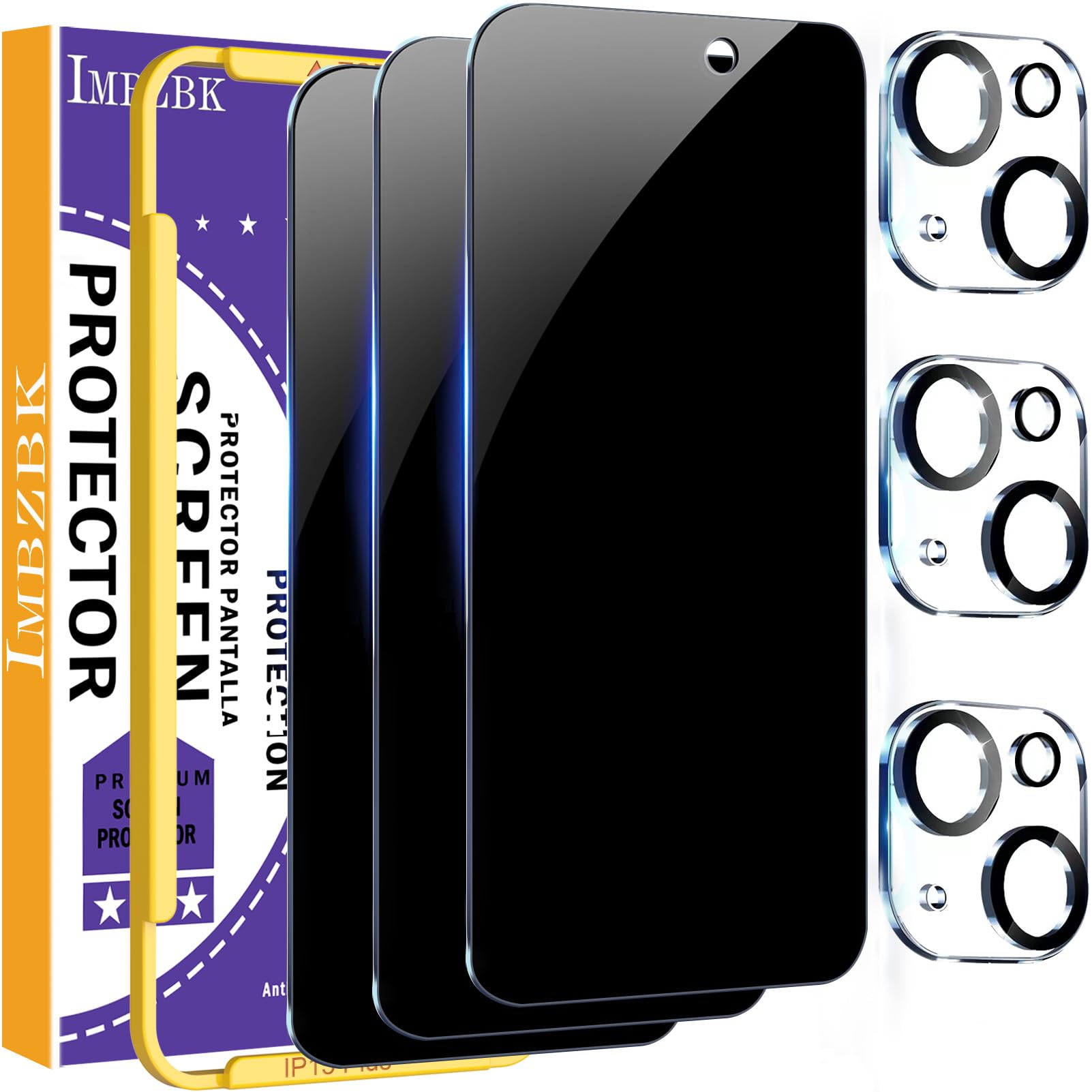 IMBZBK für iPhone 15 für Panzerglas Sichtschutz 3 Stück Schutzfolie Folie Sichtschutz Zubehör mit 3 Stück Kameraschutz