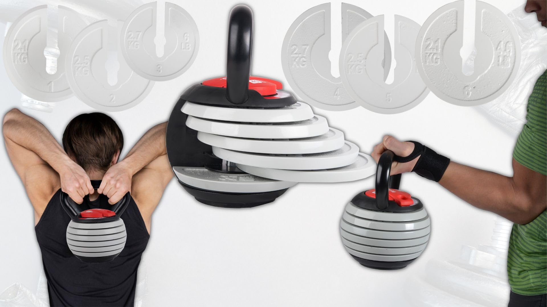 Regulowany Kettlebell, Żeliwny z ABS, 3,5-18,1 kg, 6 Talerzy Obciążeniowych, 28 cm Wysokości, Czarny, Model FIT-954