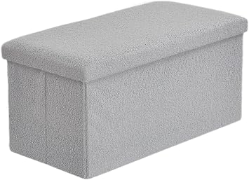 Foldable Ottoman Boucle Storage Box - Teddy Bear Fabric Two Seater Bench - Double Bed Furniture Foot Stool Seat Rest   Space Saver   Blanket, Toy Chest Organizerr Silver, Large