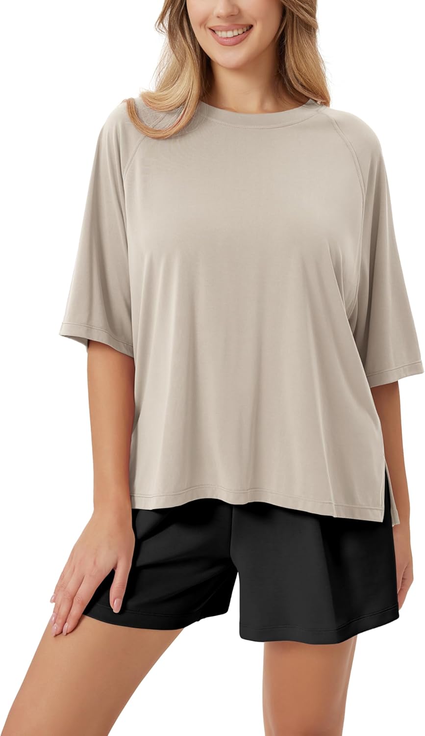 ODODOS Women's Side Split Tee Modal Soft Raglan Short Sleeve, Relaxed Fit Casual Lounge T-Shirts Yoga Tops