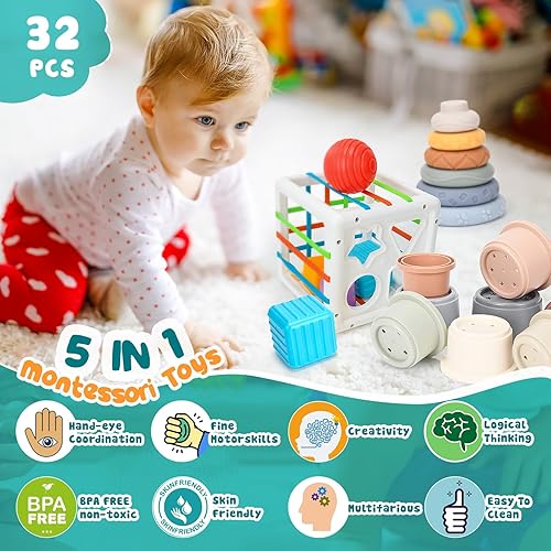 Miniatura 2 de Balnore Juguetes para bebés 5 en 1 de 6 a 12 meses, juguetes Montessori para bebés de 6 meses en adelante, juguetes giratorios de ventosa para