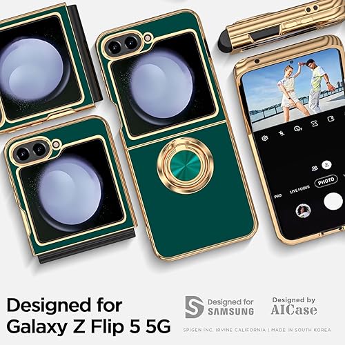 Miniatura 3 de AICase Funda para Samsung Galaxy Z Flip 5 soporte magnético con anillo de 360 Lujo galvanizado parachoques femenino lindo lado suave delgado