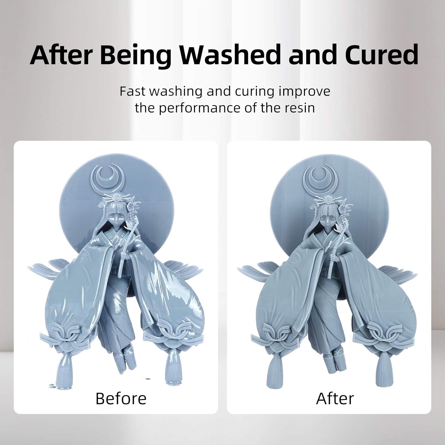 Before and after comparison of a 3D printed model, showing the improved surface finish after washing and curing.