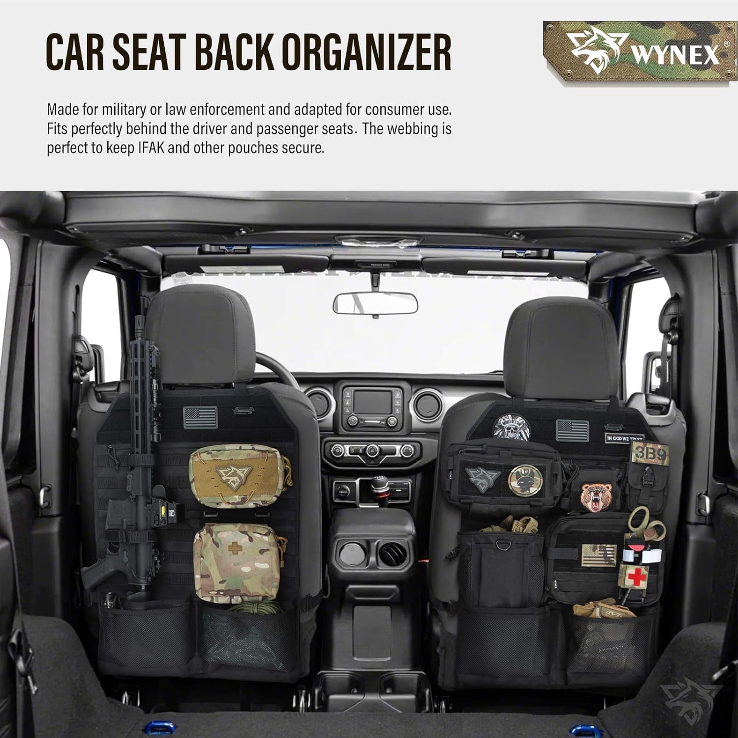 WYNEX Organizador táctico para respaldo de asiento de coche con soporte de cabestrillo, protector táctico MOLLE para respaldo de asiento, ajuste universal, para vehículos, camiones, camionetas y