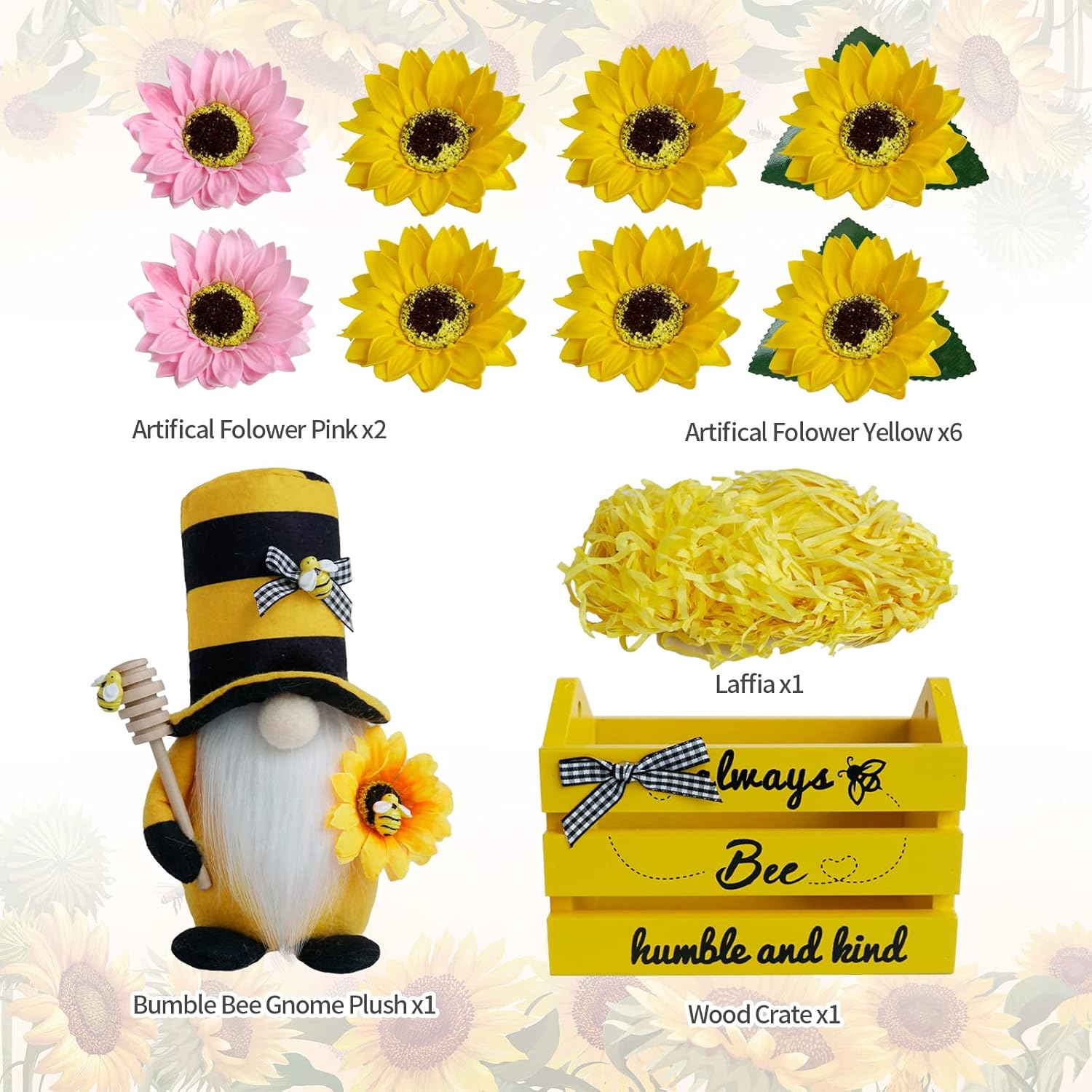 Bee Decor, Wood Bee Crate Decorations, Humble Bee Gnome Plush with Honey Dipper,Rustic Farmhouse Bee Tiered Tray Decor, Mini Wood Crate with Artificial Sunflowers Decor, Summer Decorations for Home