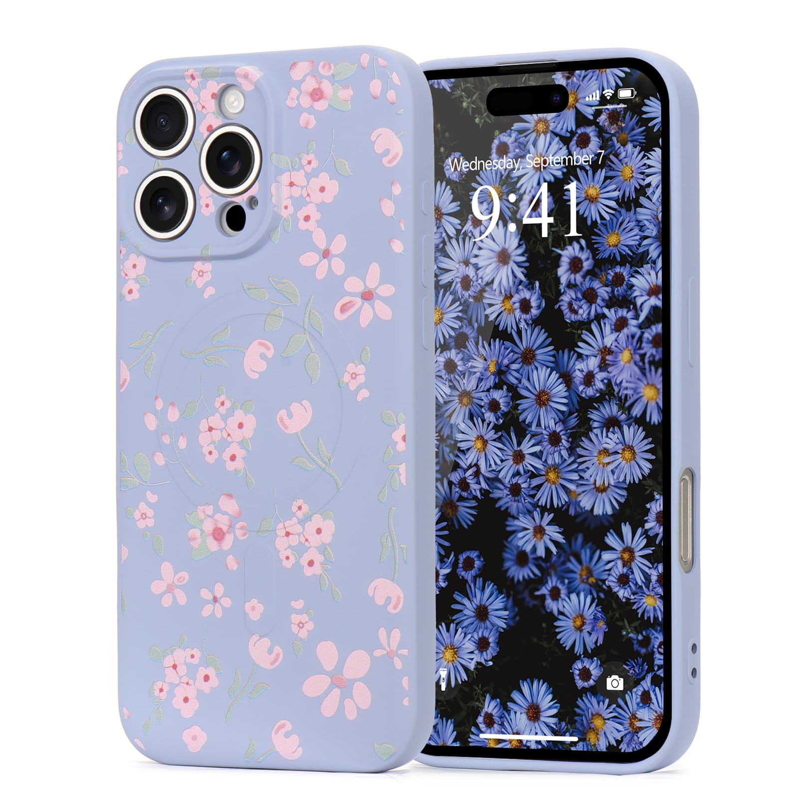 Wirvyuer Floral Elegant Design Phone Case for iPhone 16 Pro, Compatible with MagSafe Shockproof Protective Cover for Women Girls Slim Fashion Flower