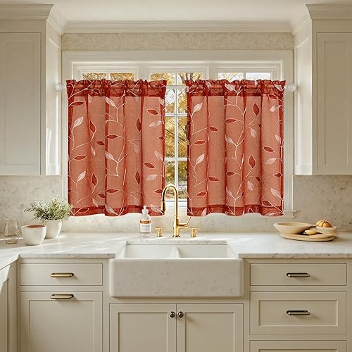 Miniatura 10 de MIULEE - Cortinas traslúcidas caqui de 2 paneles con patrón bordado de hojas, bolsillo con varilla, estilo floral, de lino sintético, cortinas