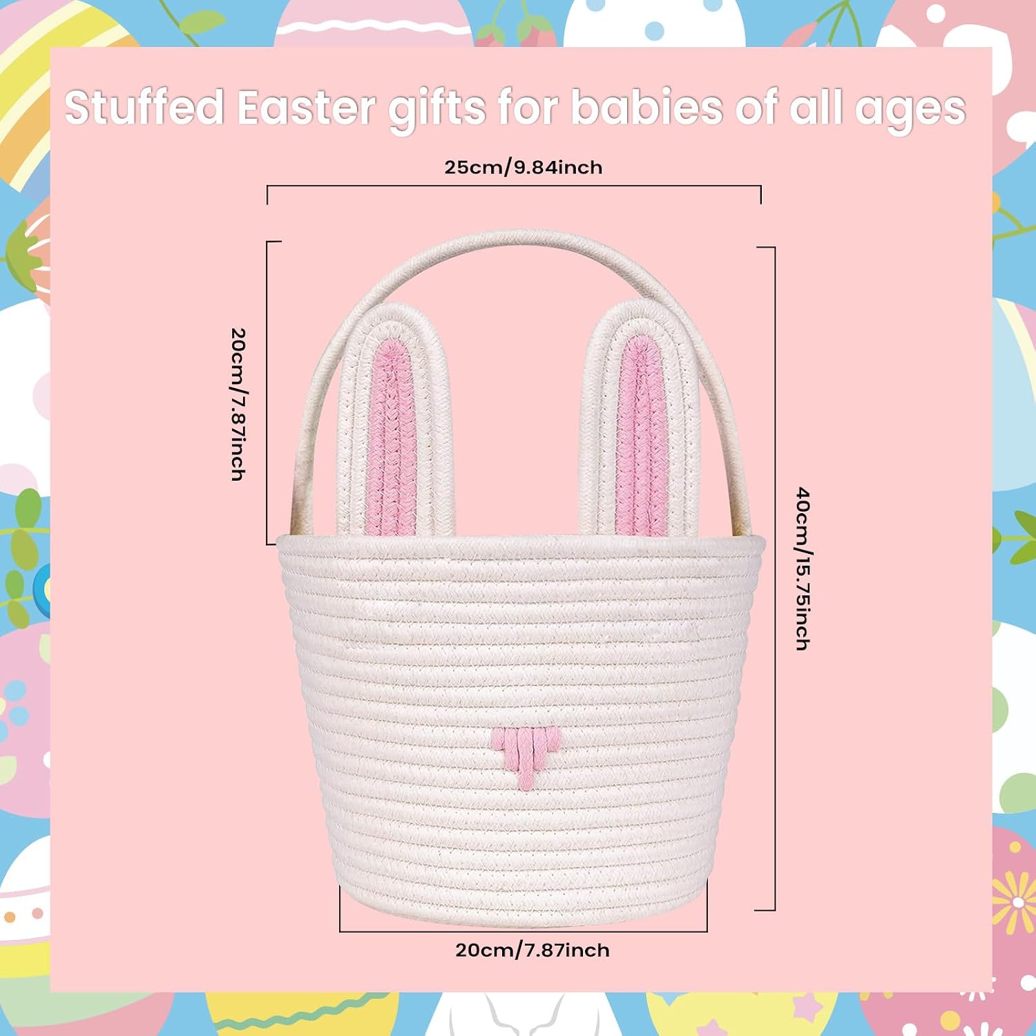 Easter Basket for kids Empty Bunny Egg Baskets With Handle And Ears Easter Gifts Cute Woven Basket (pink)