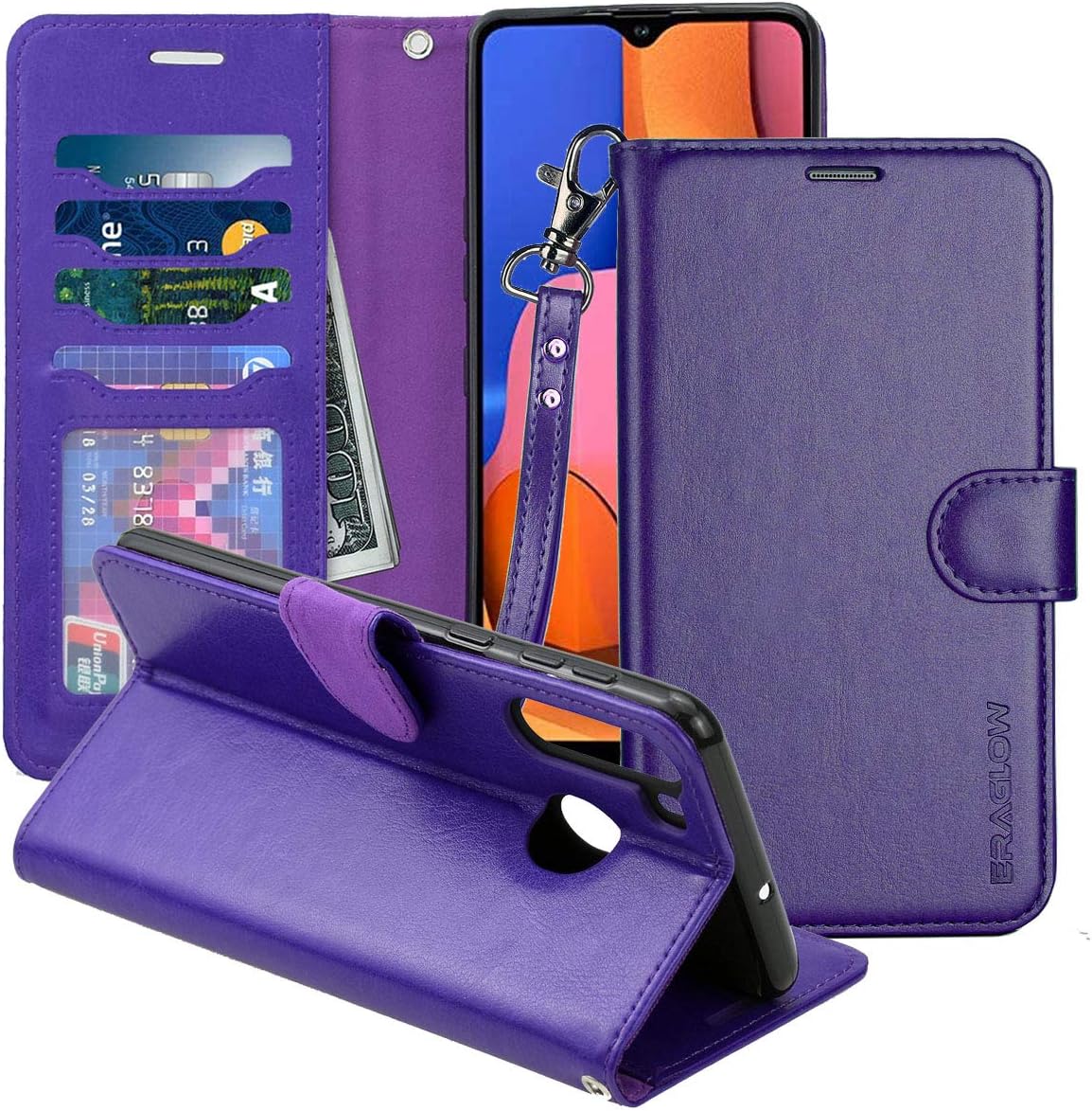 ERAGLOW for Galaxy A21 Case, PU Leather Wallet Case Flip Protective Phone Cover [Stand Feature] with Wrist Strap and [4-Slots] ID&Credit Cards Pocket for Samsung Galaxy A21 2020(Purple)