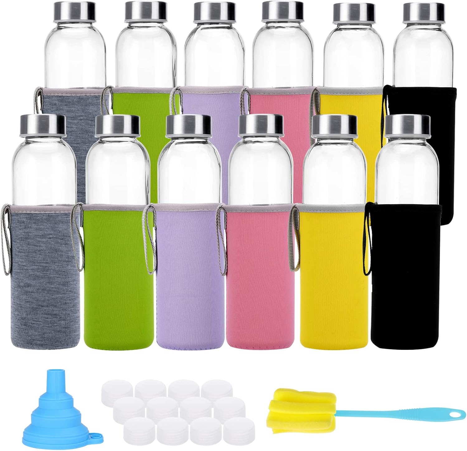 CUCUMI 12pcs 18oz Glass Water Bottles with Sleeves and