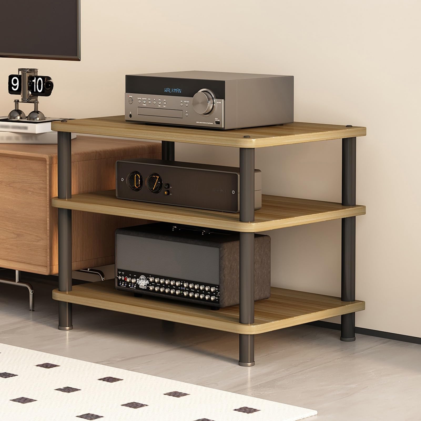 Supporto multimediale AV a 2/3/4 livelli con lettore CD, impianto stereo, autoportante/mobile, con ripiani in legno regolabili in altezza per casa/ufficio/home cinema (legno di noce chiaro, 3 livelli)
