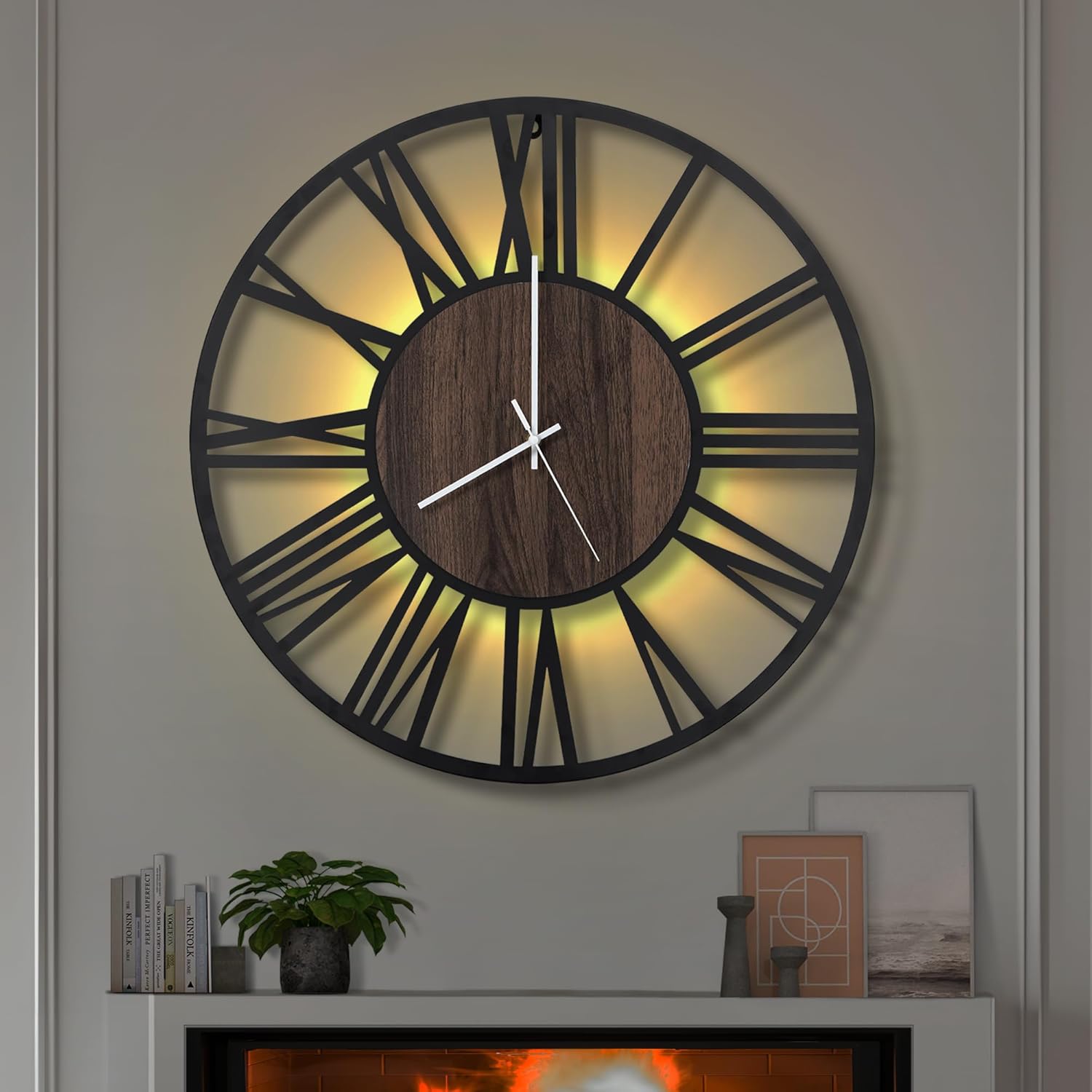 LEIKE Large LED Wall Clocks,Silent,Non Ticking,Battery Operated Rustic Round Modern Big Wood Wall Clock for Living Room, Bedroom,Kitchen,Farmhouse,Office,Home Decor -20" Black,LED,Roman Number 20 IN Led-black Wood-roman Number